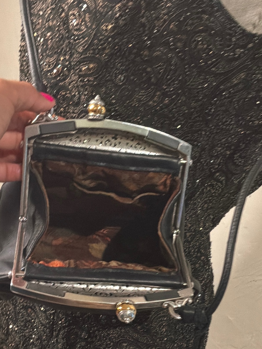 Vintage Brighton Black Leather Crossbody Clutch with Ornate Silver Frame - Picture 6 of 9